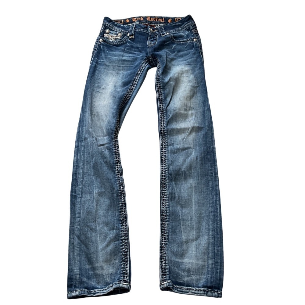 Rock Revival Betty Bootcut Jeans Womens 24‎ Medium Wash Thick Stitch Embellished